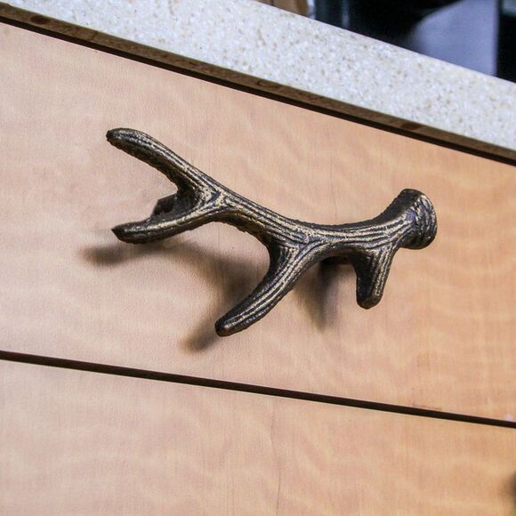 Antique Bronze Cast Iron Rustic Deer Antler Drawer Pull Cabinet Handle Set of 6 - Picture 7 of 9